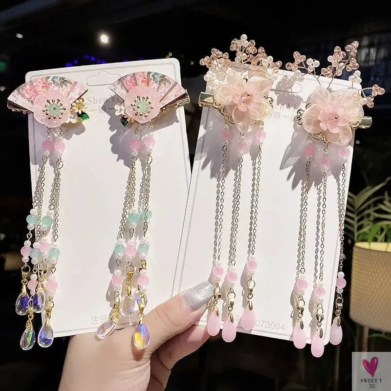 1 Pair Safflower Golden Lock Children's Ancient style headdress, girl's fairy hairpin, Chinese style hair accessories SWEET T 52