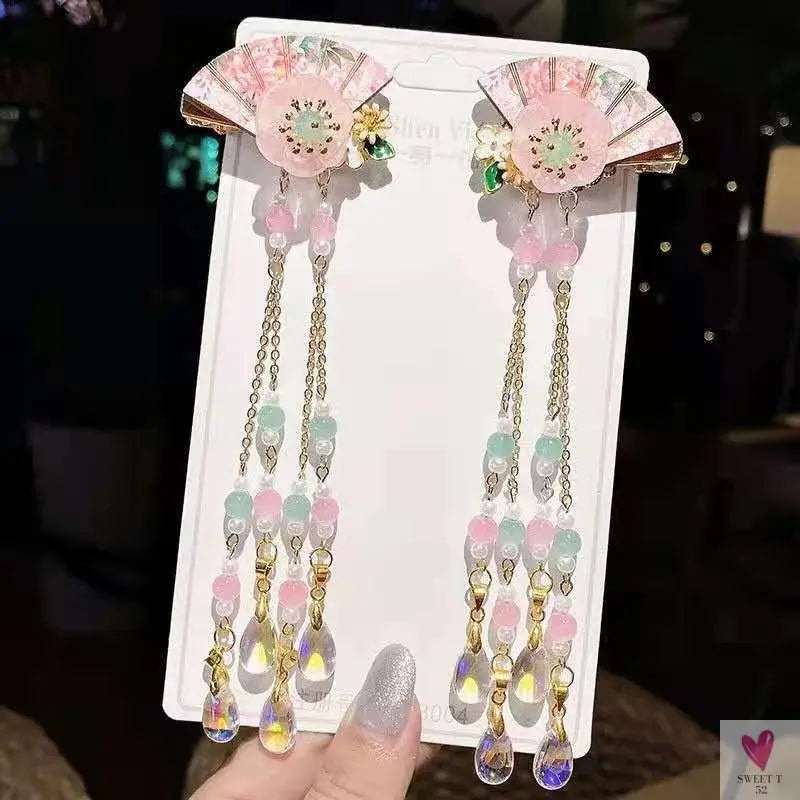 1 Pair Safflower Golden Lock Children's Ancient style headdress, girl's fairy hairpin, Chinese style hair accessories SWEET T 52