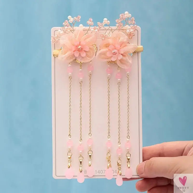 1 Pair Safflower Golden Lock Children's Ancient style headdress, girl's fairy hairpin, Chinese style hair accessories SWEET T 52