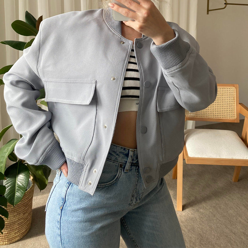 Women's Button Stand-Collar Jacket with Big Pockets — view 2