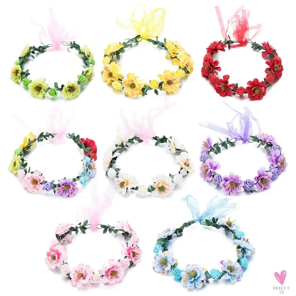 1pc Women Floral Wreath Pink Rose Flower Crown Girls Bohemia Garland Headpiece with Adjustable Ribbon Bridal Wedding Accessories SWEET T 52