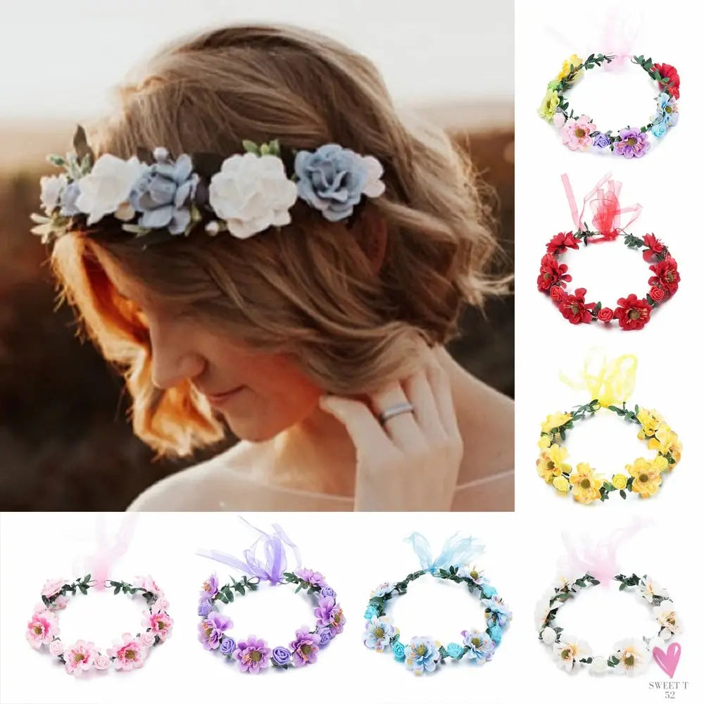 1pc Women Floral Wreath Pink Rose Flower Crown Girls Bohemia Garland Headpiece with Adjustable Ribbon Bridal Wedding Accessories SWEET T 52
