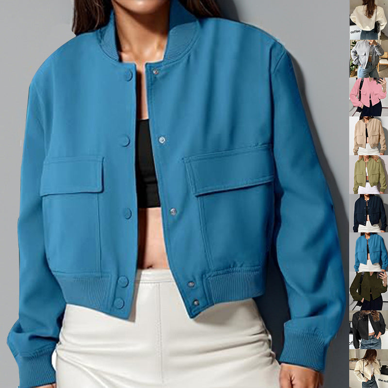 Women's Button Stand-Collar Jacket with Big Pockets