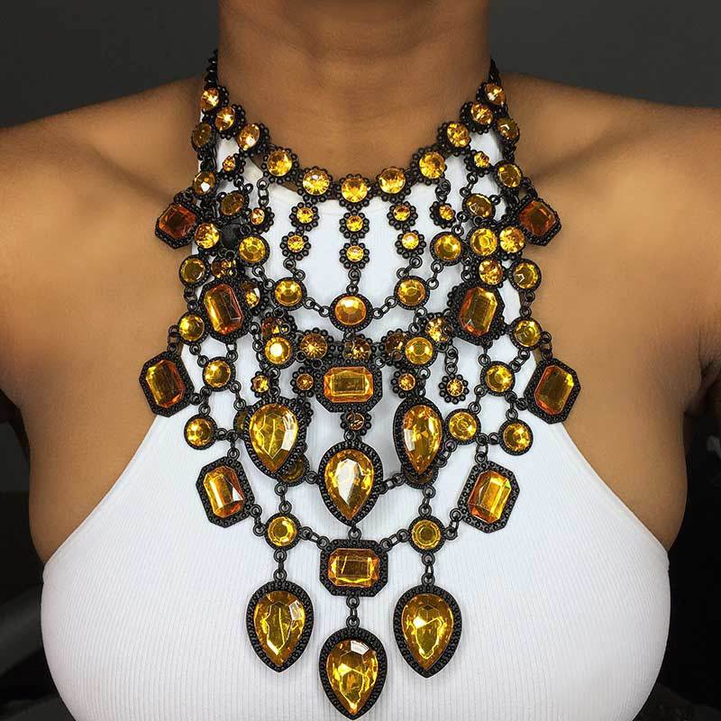 Creative Exaggerating Retro Multi-layer Style Alloy Inlaid Jewel Necklace for Women