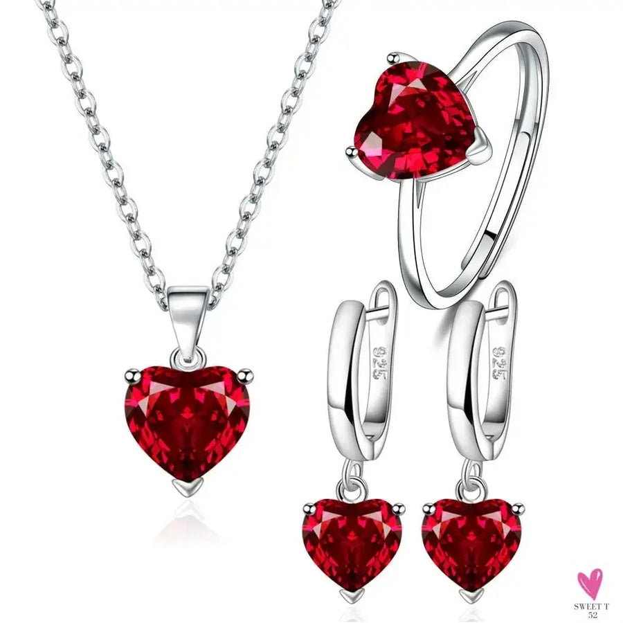 925 Sterling Silver Jewelry Sets For Women & Girls - Heart Zircon Ring, Earrings and Necklace-Jewelry set-SWEET T 52