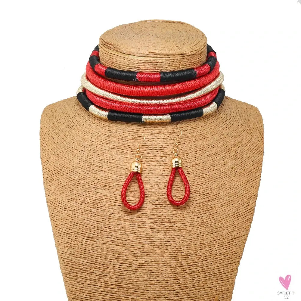 Africa Tribal Neck Jewelry Multilayer Colorful Rope Weave Chunky Bib Statement Necklace Earrings Set For Women Party Accessories Sweet T 52
