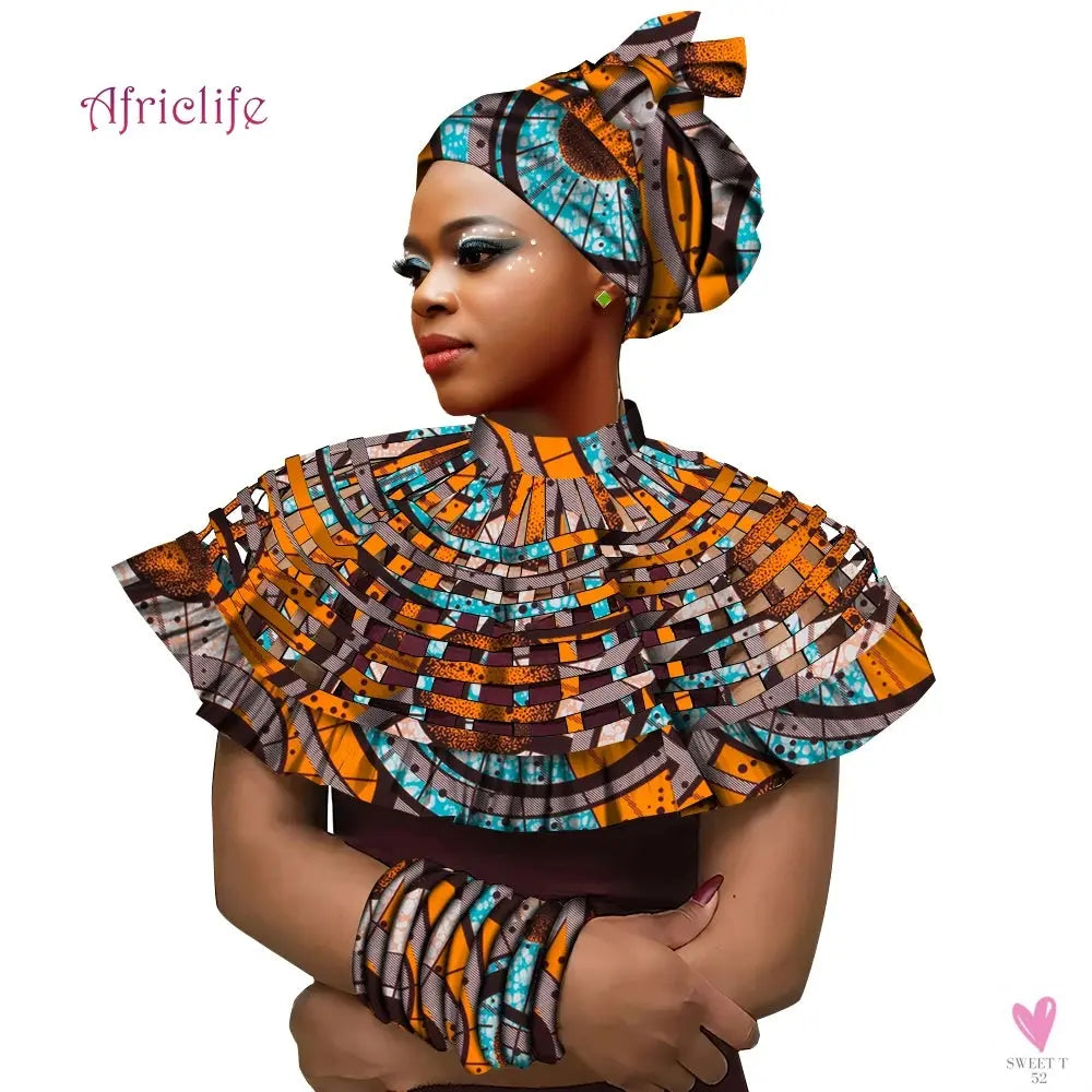 African Ankara Shawl Collar for Women & Girls - Multi Strand Net Necklace, 1 Headband and 10 Bracelets-Necklace-SWEET T 52