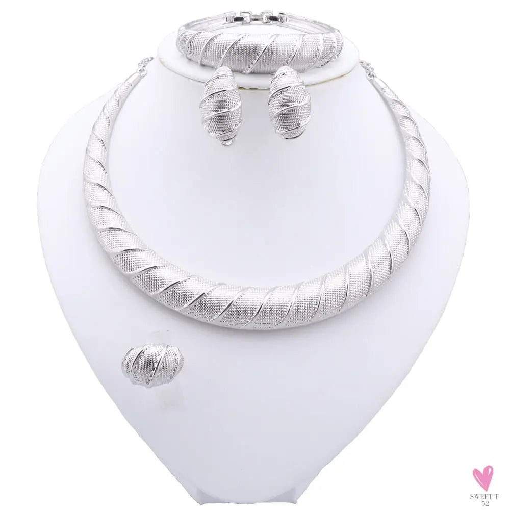 Dubai Women's Jewelry Sets, Silver Plated Necklace, Bracelet, Earrings and Ring Set. African Bridal Wedding, Gifts