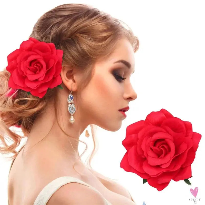 Flamenco Flowers For Hair DIY Headdress For Bridal Flocking Cloth Red Rose Flower Hairpin Hair Clip Party Hair Accessories SWEET T 52