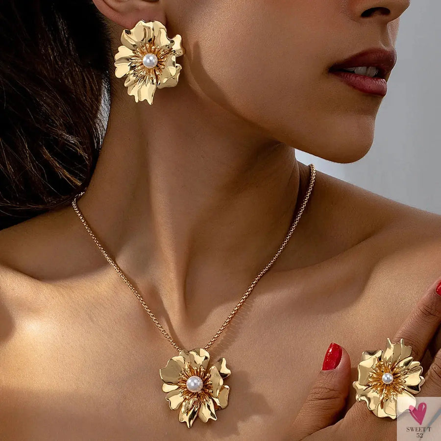 Flower Jewelry Set, Gold Metal/Pearl/Petal Pendant Necklace, Earrings & Ring for Women SWEET T 52