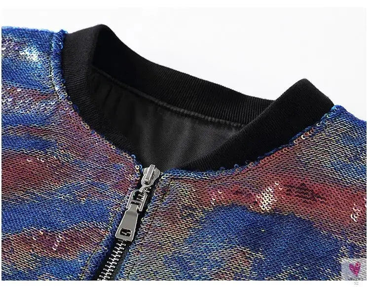 Hip Hop Sequined Night Club Jacket, Rainbow Gradient Patchwork, Round Neck, Long Sleeved Jacket for Women and Girls-Coats & Jackets-SWEET T 52