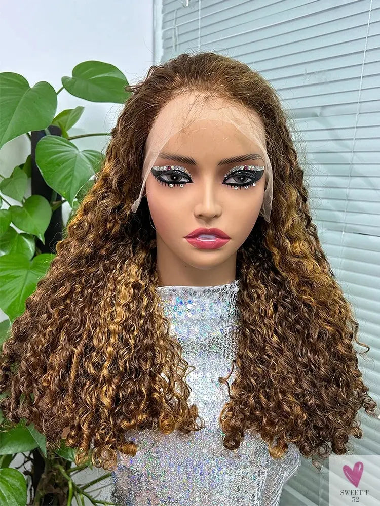 Honey Blonde Highlights/Piano Color 13x4 Lace Frontal Curly Wave Human Hair Wigs for Women & Girls-wig-SWEET T 52