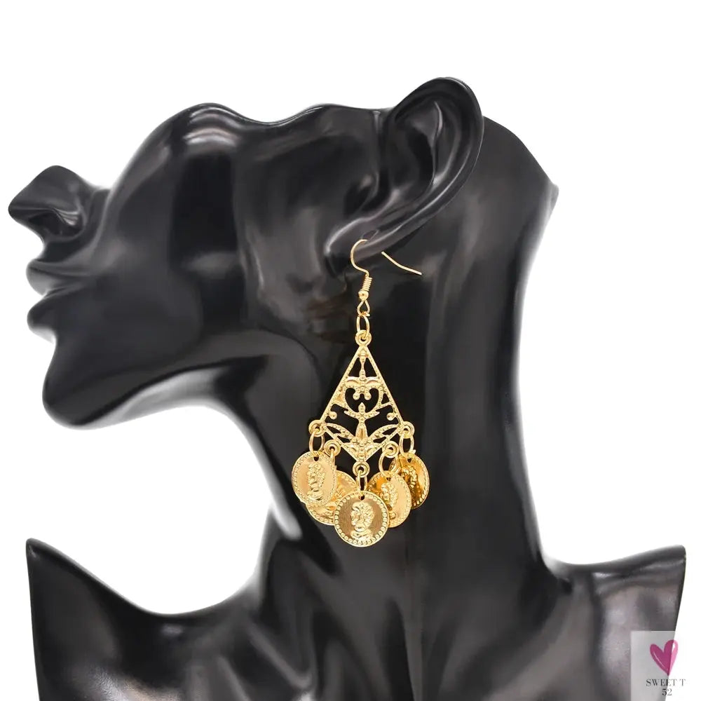 Indian Jewelry Set - Golden Alloy Portrait Coin Bell Tassel Choker Necklace/Earrings for Women Sweet T 52