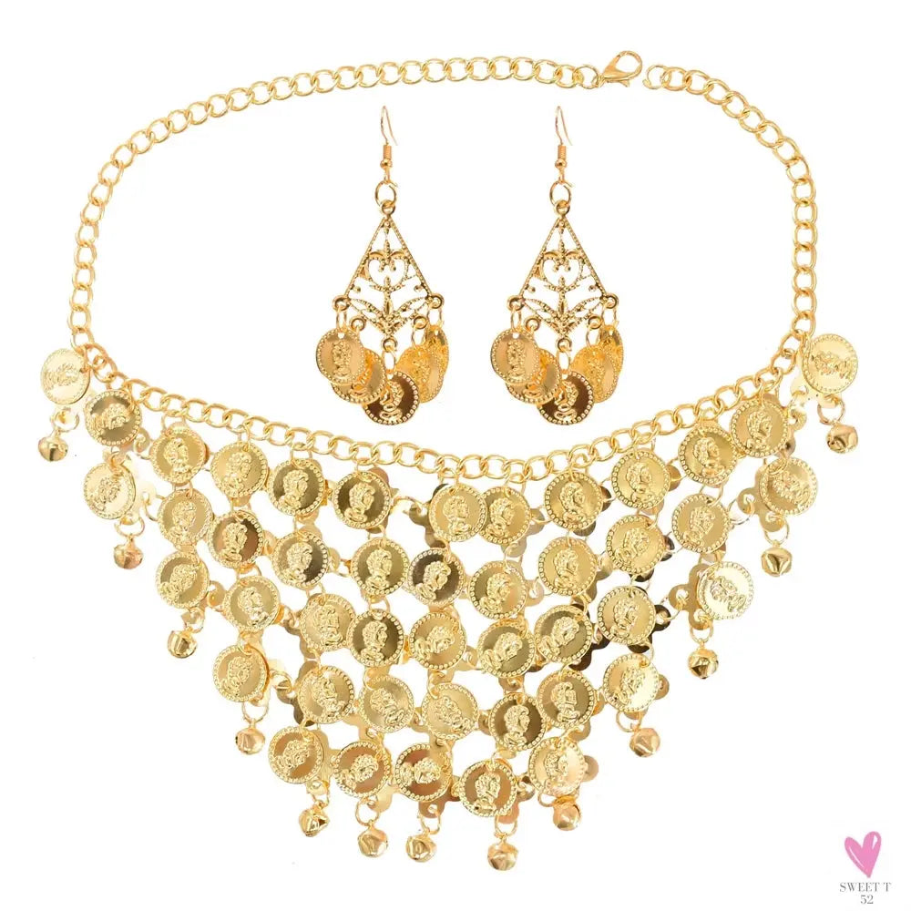 Indian Jewelry Set - Golden Alloy Portrait Coin Bell Tassel Choker Necklace/Earrings for Women Sweet T 52
