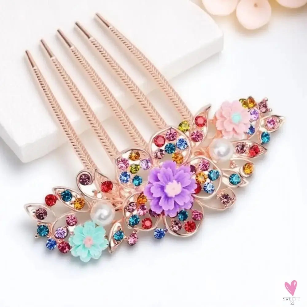 Multicolor Rhinestone Flower Hair Comb - Elegant Five-Tooth Hair Clip Accessory for Women SWEET T 52