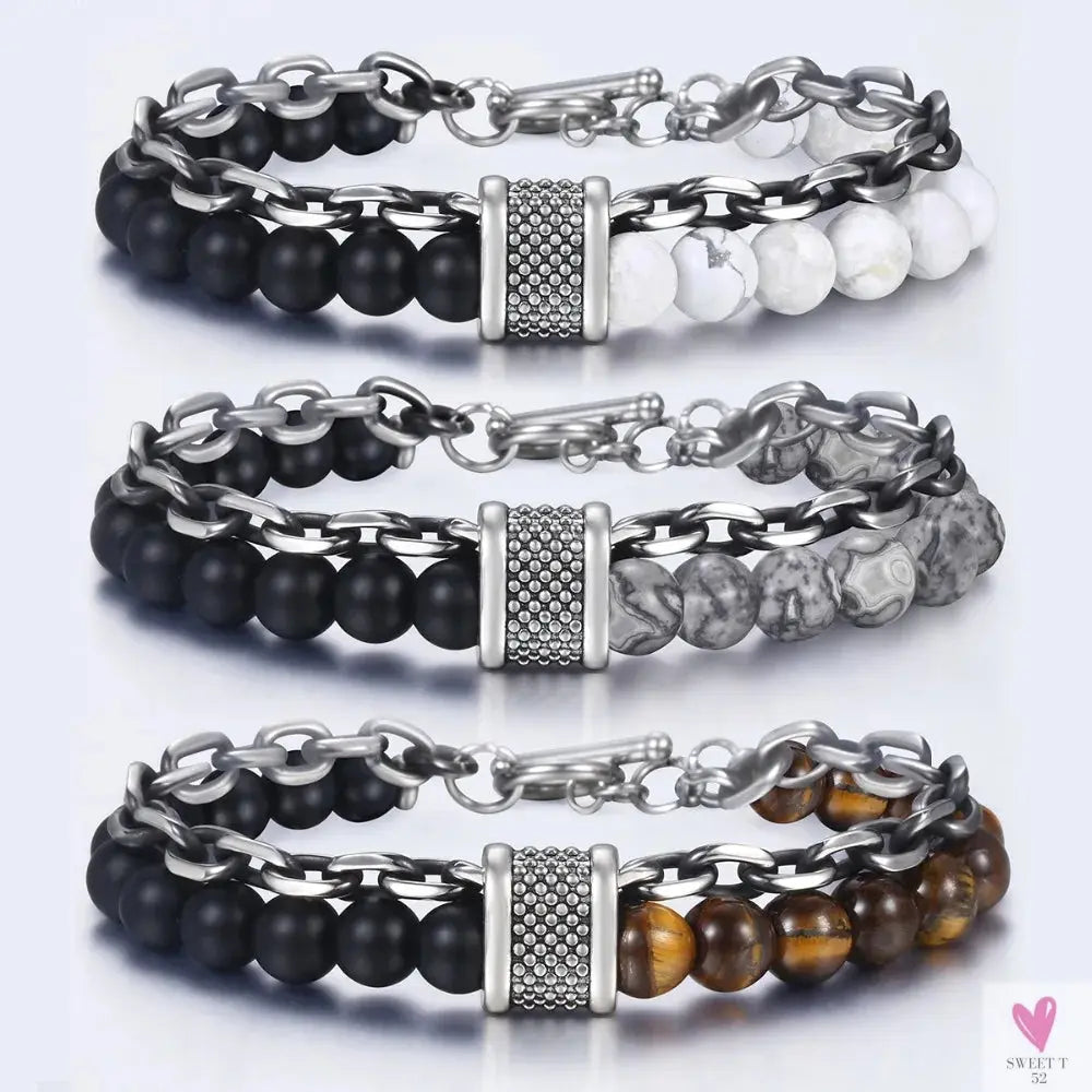 Natural Map Stone Men/Women's Beaded Bracelet, Stainless Steel Bracelets, Unisex Jewelry - Tiger Eyes Sweet T 52