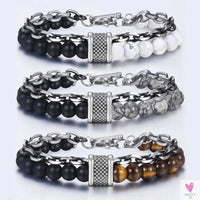 Natural Map Stone Men/Women's Beaded Bracelet, Stainless Steel Bracelets, Unisex Jewelry - Tiger Eyes Sweet T 52