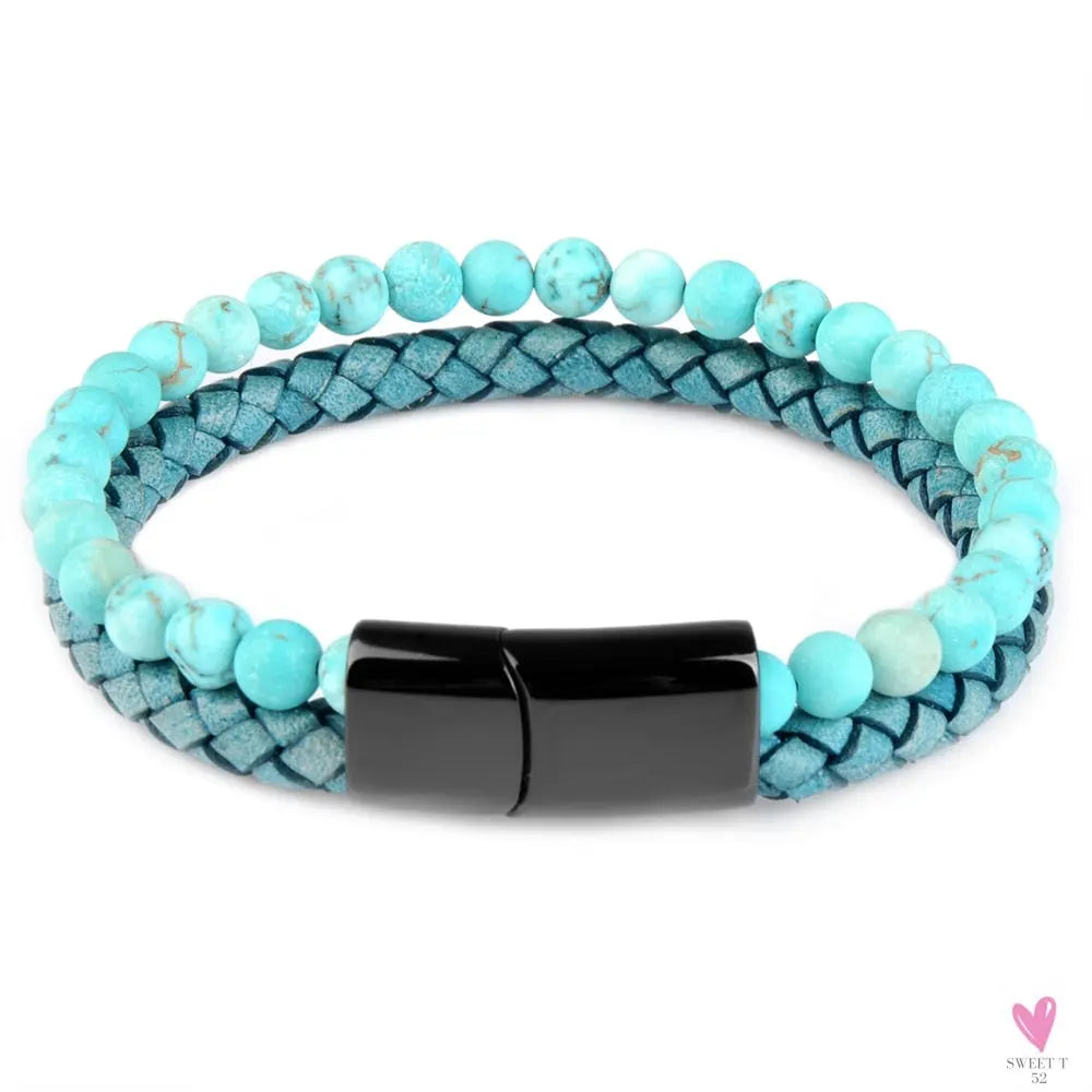 Round/Natural Stone/Genuine Leather/Tiger Eye Beads Bracelet for Men and Women with Magnetic Stainless Steel Clasp-Bracelet-SWEET T 52