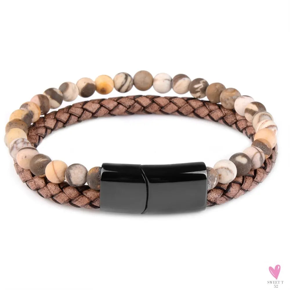 Round/Natural Stone/Genuine Leather/Tiger Eye Beads Bracelet for Men and Women with Magnetic Stainless Steel Clasp-Bracelet-SWEET T 52