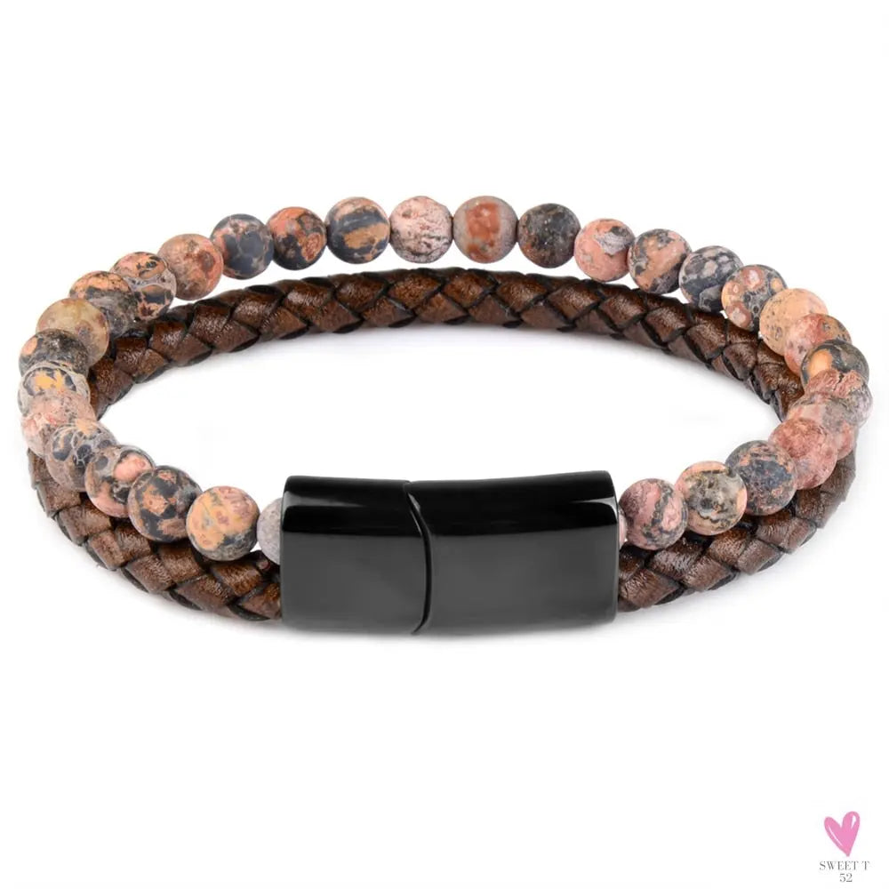 Round/Natural Stone/Genuine Leather/Tiger Eye Beads Bracelet for Men and Women with Magnetic Stainless Steel Clasp-Bracelet-SWEET T 52