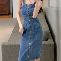 Denim Dress Women 2025 Summer. New Retro Casual All-match Denim Slip Dresses, Female, Single Breasted Long Suspender Skirt Sweet T 52