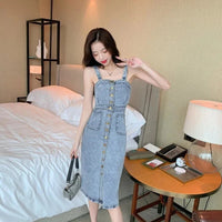 Denim Dress Women 2025 Summer. New Retro Casual All-match Denim Slip Dresses, Female, Single Breasted Long Suspender Skirt Sweet T 52