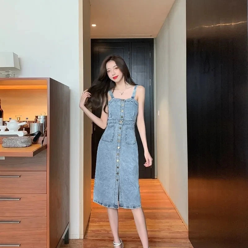 Denim Dress Women 2025 Summer. New Retro Casual All-match Denim Slip Dresses, Female, Single Breasted Long Suspender Skirt Sweet T 52