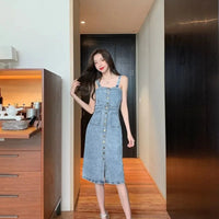 Denim Dress Women 2025 Summer. New Retro Casual All-match Denim Slip Dresses, Female, Single Breasted Long Suspender Skirt Sweet T 52