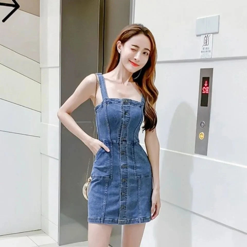 Denim Dress Women 2025 Summer. New Retro Casual All-match Denim Slip Dresses, Female, Single Breasted Long Suspender Skirt Sweet T 52