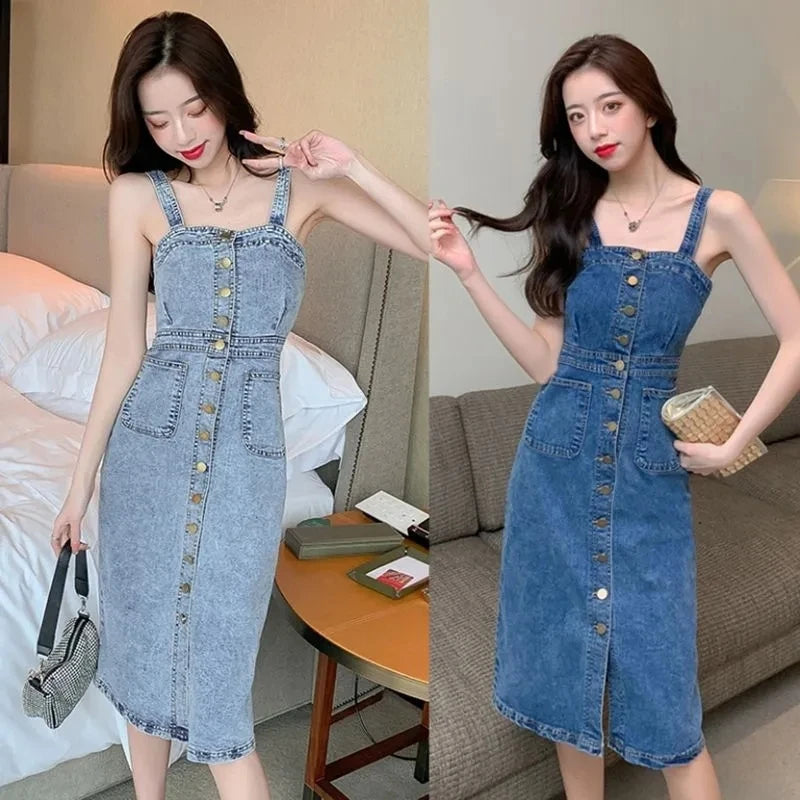 Denim Dress Women 2025 Summer. New Retro Casual All-match Denim Slip Dresses, Female, Single Breasted Long Suspender Skirt Sweet T 52