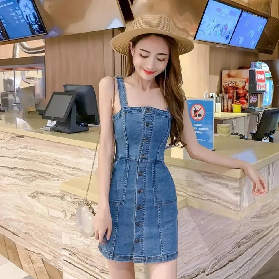 Denim Dress Women 2025 Summer. New Retro Casual All-match Denim Slip Dresses, Female, Single Breasted Long Suspender Skirt Sweet T 52