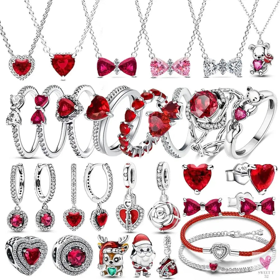 S925 Sterling Silver Valentine's Day Red Series, Red Heart Charm, Bow, Ring, Heart Necklace, Bracelet - DIY for Women SWEET T 52