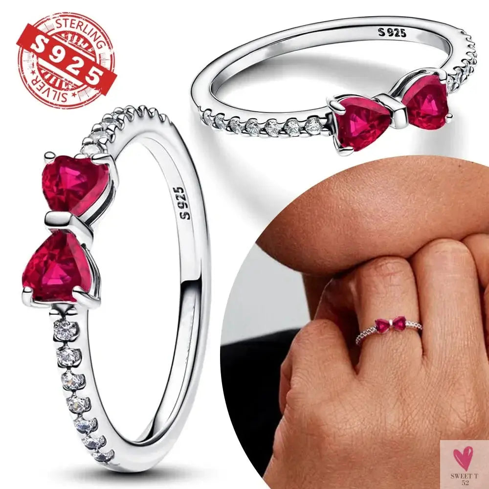 S925 Sterling Silver Valentine's Day Red Series, Red Heart Charm, Bow, Ring, Heart Necklace, Bracelet - DIY for Women SWEET T 52