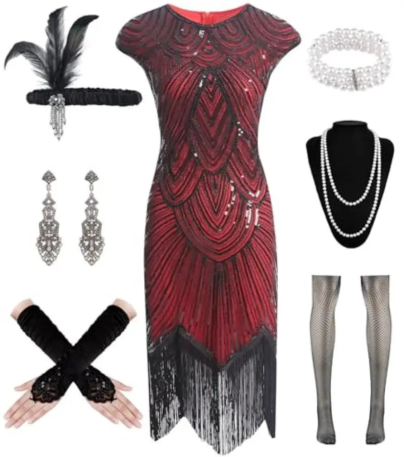 Women's Flapper Gatsby Dresses with Accessories Set, Sequined Vintage 20s Lace Fringed Cocktail/Party/Evening Dresses