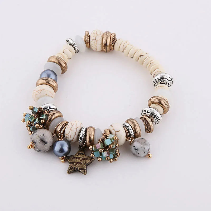 Natural Stone Bracelets - Gold Color Metal, Star Charm, White Beads, Elastic Bracelet. Luxury Fashion Jewelry Bracelets for Women