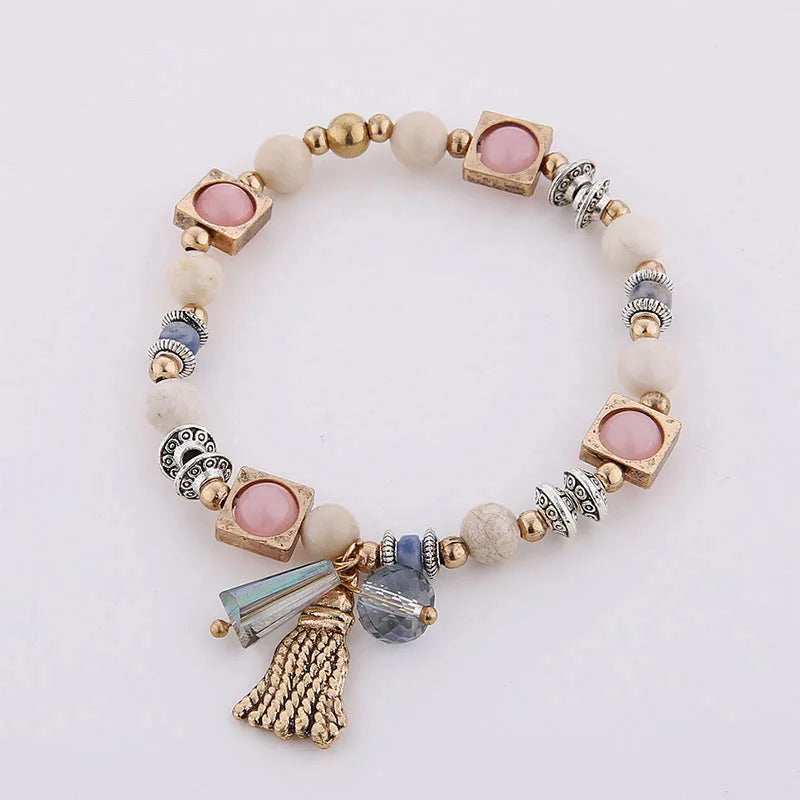 Natural Stone Bracelets - Gold Color Metal, Star Charm, White Beads, Elastic Bracelet. Luxury Fashion Jewelry Bracelets for Women
