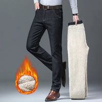 Winter Men's Fleece Thick Sherpa Jeans Business Casual Velvet Straight Denim Pants Male Wool Plush Classic Stretch Trousers Sweet T 52