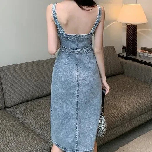 Denim Dress Women 2025 Summer. New Retro Casual All-match Denim Slip Dresses, Female, Single Breasted Long Suspender Skirt Sweet T 52