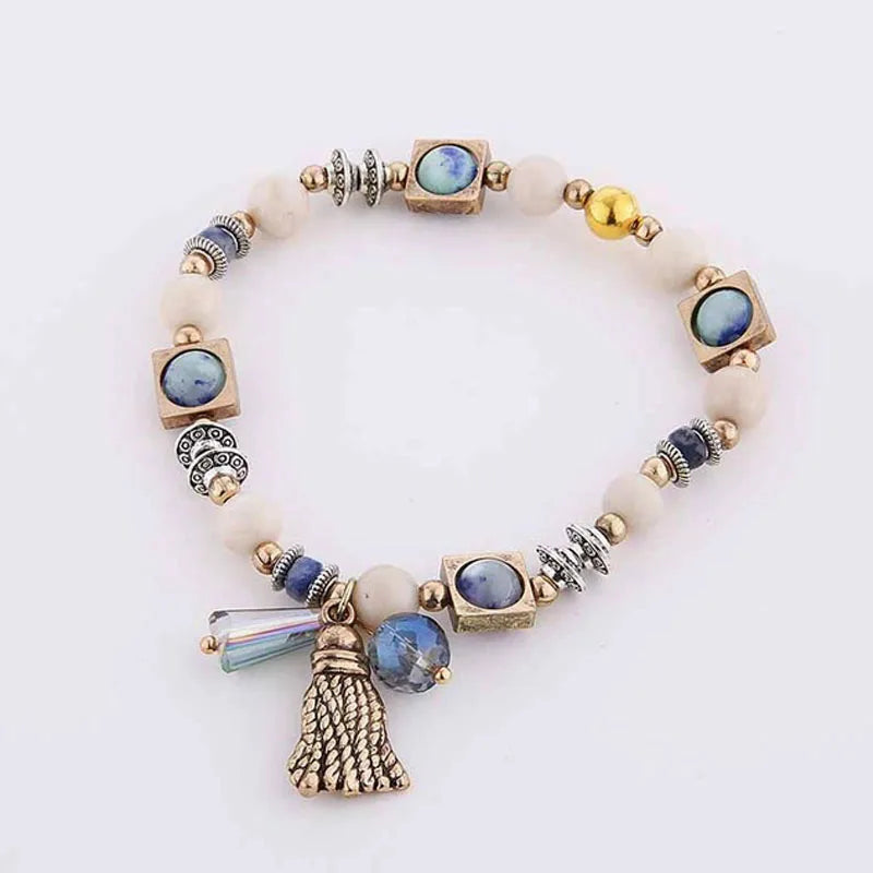 Natural Stone Bracelets - Gold Color Metal, Star Charm, White Beads, Elastic Bracelet. Luxury Fashion Jewelry Bracelets for Women