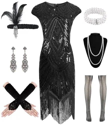 Women's Flapper Gatsby Dresses with Accessories Set, Sequined Vintage 20s Lace Fringed Cocktail/Party/Evening Dresses