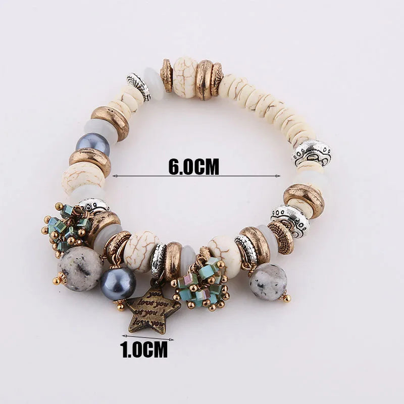 Natural Stone Bracelets - Gold Color Metal, Star Charm, White Beads, Elastic Bracelet. Luxury Fashion Jewelry Bracelets for Women