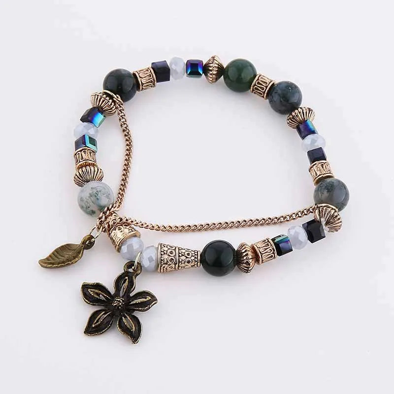 Natural Stone Bracelets - Gold Color Metal, Star Charm, White Beads, Elastic Bracelet. Luxury Fashion Jewelry Bracelets for Women