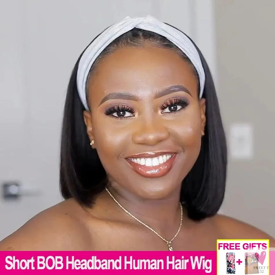 Short Bob Headband Wig Straight Human Hair Wig With Headband Brizilian Machine Made Short Bob Scarf Wigs Sweet T 52
