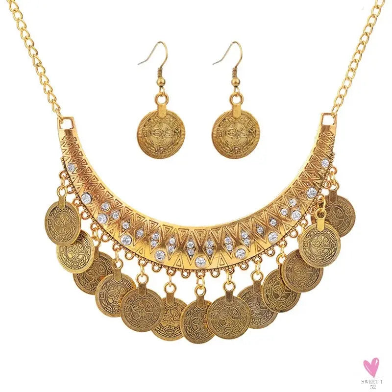 Vintage Engraved Coin Bib Statement Necklace - Boho Gold/Silver Plated Coins Tassel Bracelet, Chic Rhinestone Jewelry Sets for Women Sweet T 52