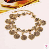 Vintage Engraved Coin Bib Statement Necklace - Boho Gold/Silver Plated Coins Tassel Bracelet, Chic Rhinestone Jewelry Sets for Women Sweet T 52
