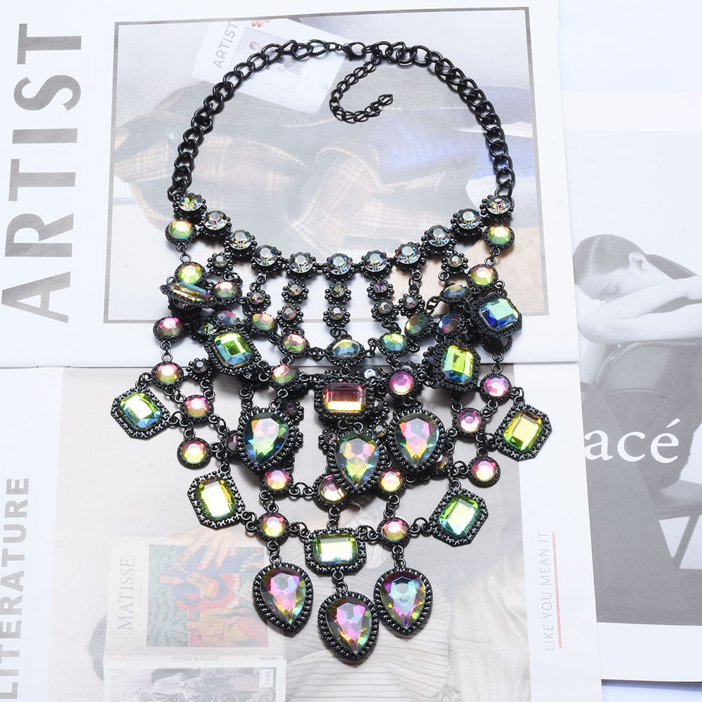 Creative Exaggerating Retro Multi-layer Style Alloy Inlaid Jewel Necklace for Women