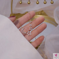 14k Gold Plated Pierced Zircon Star/Moon Necklace for Women and Girls - Shiny Chain Pendant Jewelry