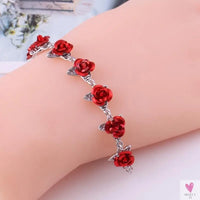 22 cm. Rose Gold Chain Link Romantic Bracelet for Women and Girls - Red Enamel Rose Jewelry - Valentine For Lovers