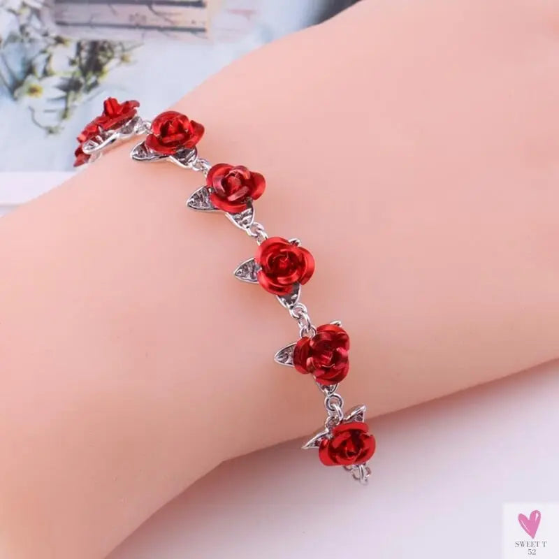 22 cm. Rose Gold Chain Link Romantic Bracelet for Women and Girls - Red Enamel Rose Jewelry - Valentine For Lovers