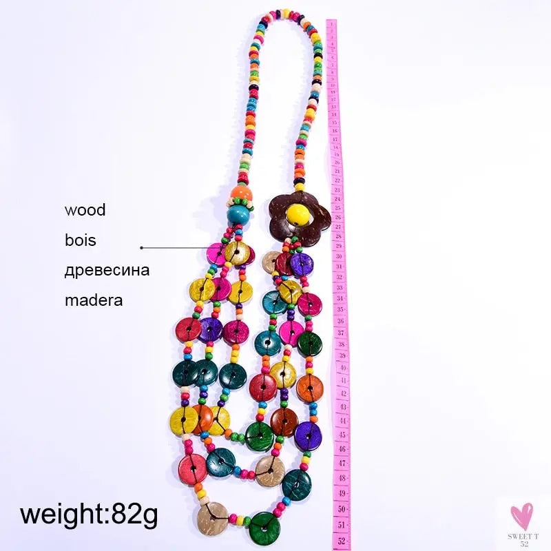 Bohemian Multi-Layer Handmade Wood Long Necklace For Women & Girls, Big Flower Collar, Colorful Bead Pendant Jewelry